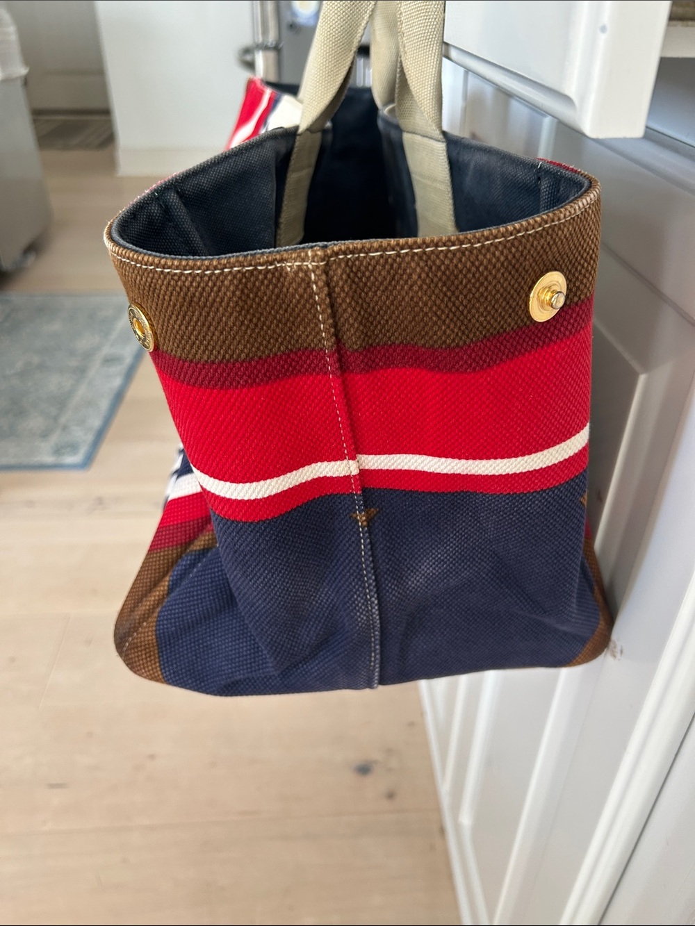 Prada Striped Canvas Tote in Red, Navy & Brown - Picture 2 of 10
